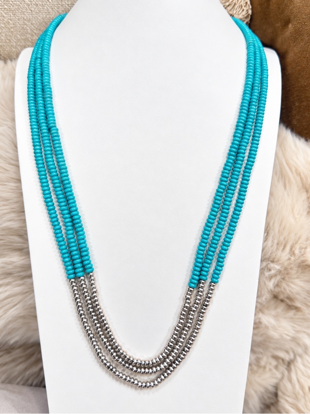 Lucky Brand Turquoise and Silver Multi-Strand Beaded Necklace
